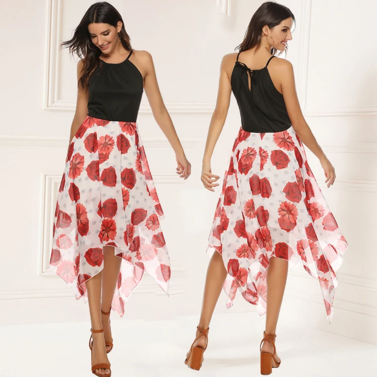 

Sexy Back Hollow Out Halter Floral Chiffon Ruffles Custom Logo Dresses Women
