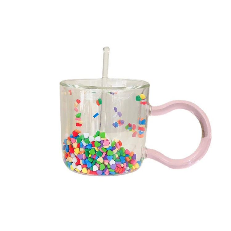 

Wholesale Lovely girl heart Quicksand Household Glass Water Cup Love Double Wall Cup Creative Gift Cup, Clear