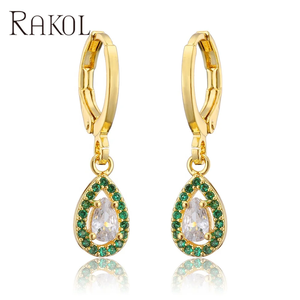 

RAKOL EP5219 luxury tear drop big zircon gold plated earrings women color zircon crystal hoops earrings
