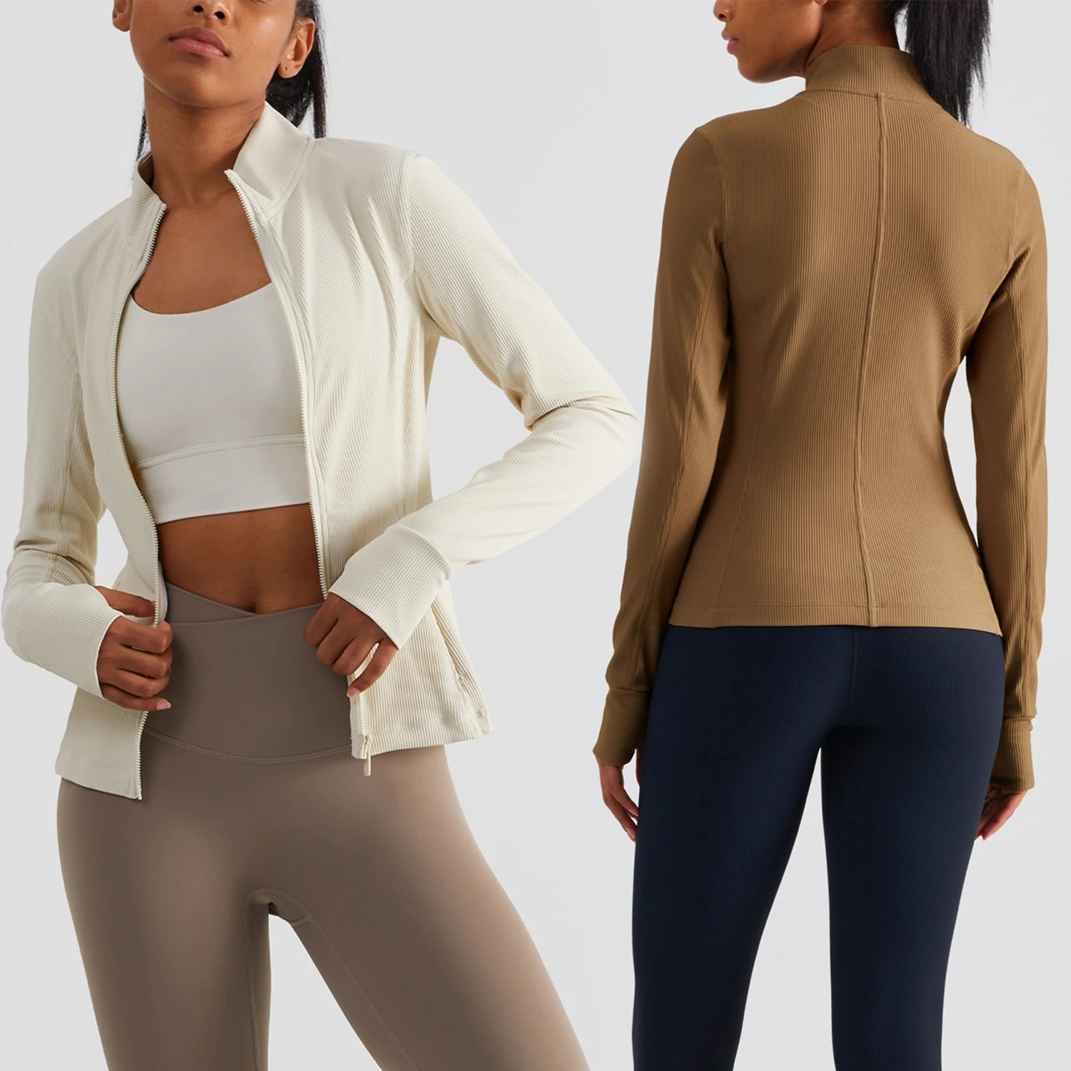 

Hot Sell Ribbed Long Sleeve Gym Yoga Top Stand Collar Zip Side Pocket Slim Fit Fitness Sports Wear Women Workout Running Jacket