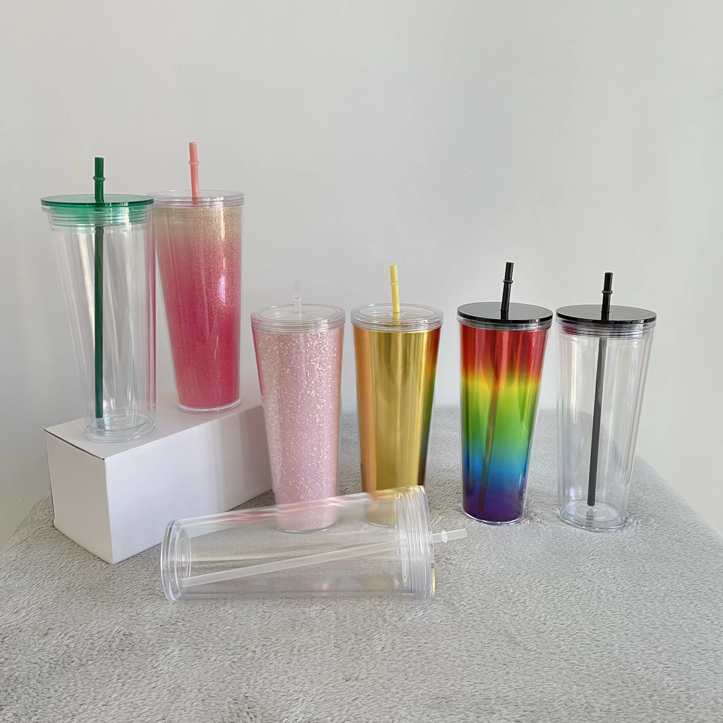 

double walled clear acrylic plastic Insulated 16oz 24oz Colored cold cups Sequin Glitter Tumbler with Screw On Lid and Straw