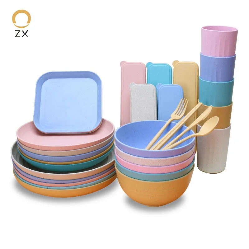 

Eco-friendly biodegradable plates sets Chopstick Fork Spoon Bowl Plate Dinner set wheat straw tableware set, Colorful