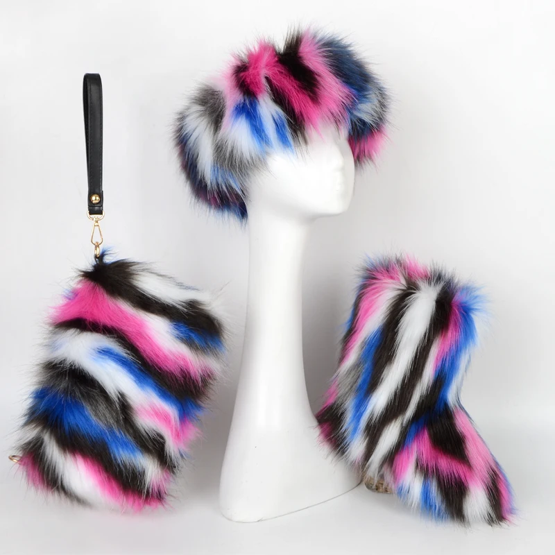 

Cool girl winter suit with faux fur hat handbag and boots, Mixed colors