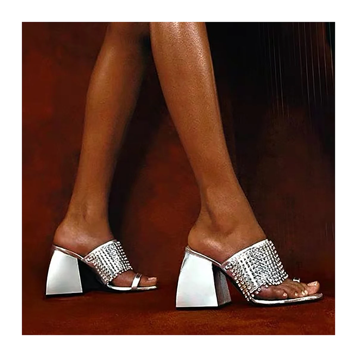 

Women's Pumps Think Heeled Sandals Square Open Toe Mules 2021 Tassels High Square Heeled Slides Slip On Shoe For Ladies