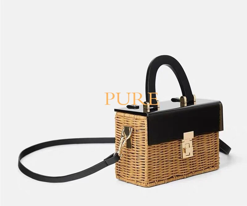 

Handmade rattan weave shoulder bag rectangle criss-cross box handbag with acrylic cover women fashion vintage summer beach bag, Customizable