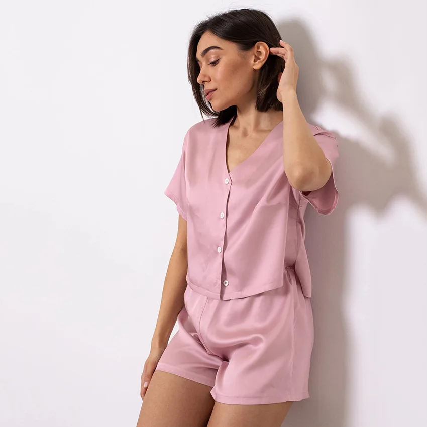 

Solid Sleepwear Women Two Piece Set Silk Pajamas For Women Set