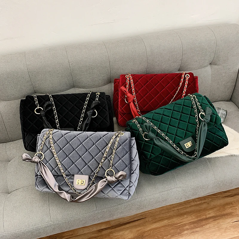 

BM9236 Ready to ship Autumn/Winter christmas Velvet design purse with chain high capacity women large velvet shoulder bag