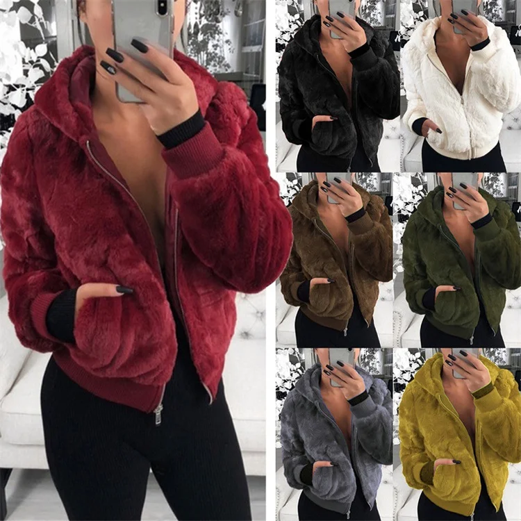 

Dropshipping Solid Color Hooded Rabbit Hair Imitation Fur Plush Winter Jacket Women'S Jackets Plus Size Jackets