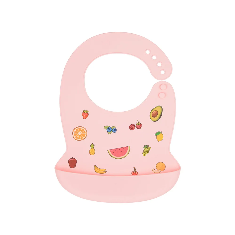 

Hot Printing Animal Pattern Private Label Waterproof Easily Wipes Clean Personalize Soft Silicone Baby Bib With Pouch, 10 colors