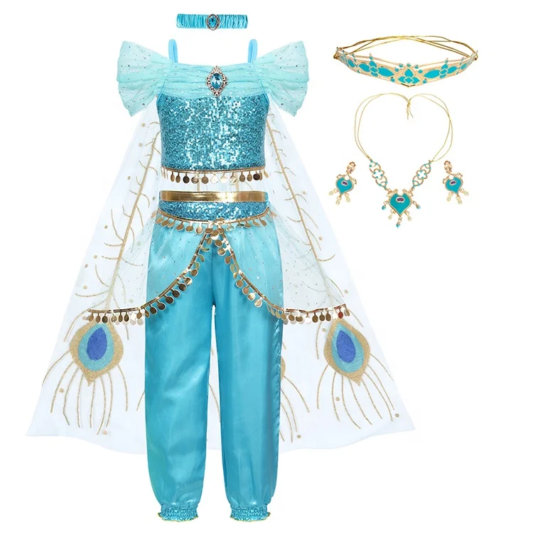 

Girls Kids Princess Jasmine Dress up Costume Crop Tops Trousers Outfits Clothing Sets Off Shoulder Sequins Cosplay Fancy Dress, Kky blue