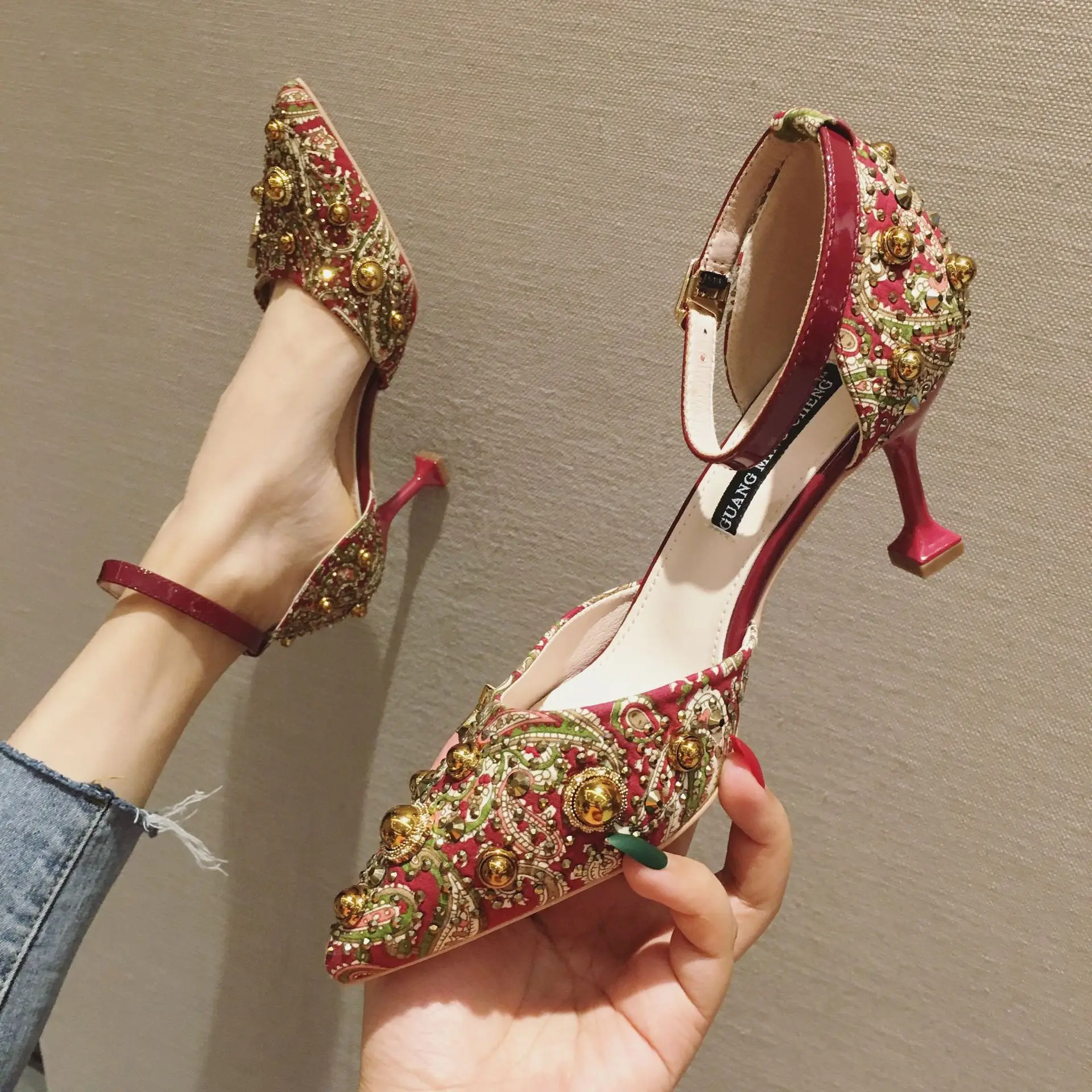 

Free shipping women floral print rivet italian shoes stiletto heels 7cm high heel shoes, Requirement