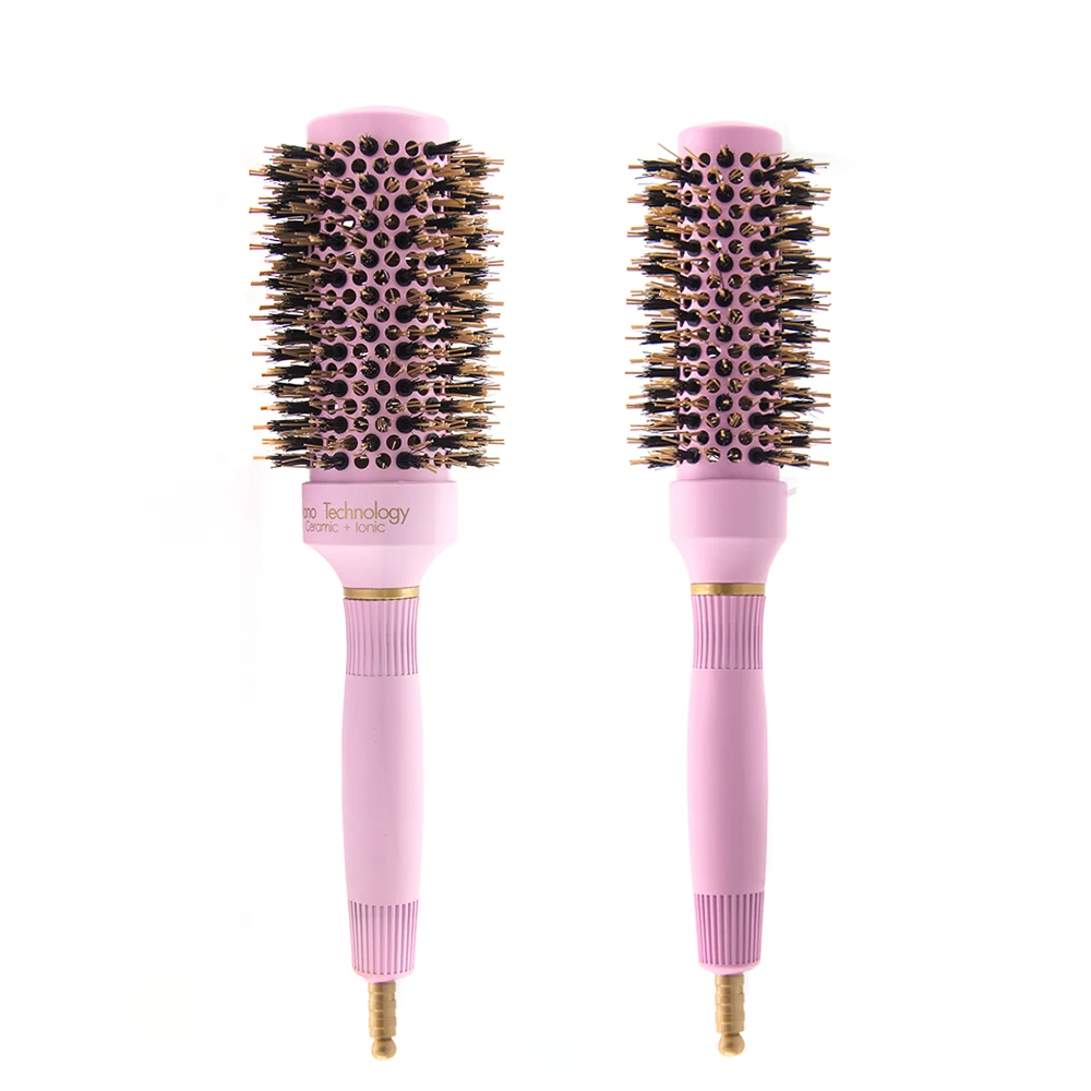

Hot Selling Round Hair Brush Silicone Handle Pink nano technology Thermic ceramic round brush for blow drying
