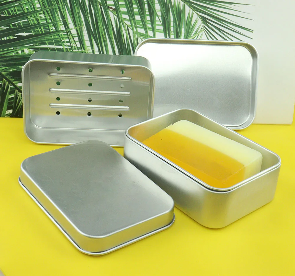 

2022 Bathroom Drain Layer Soap Dish Rectangle Custom Logo Empty Container Aluminium Soap Tin Case Box with Lid