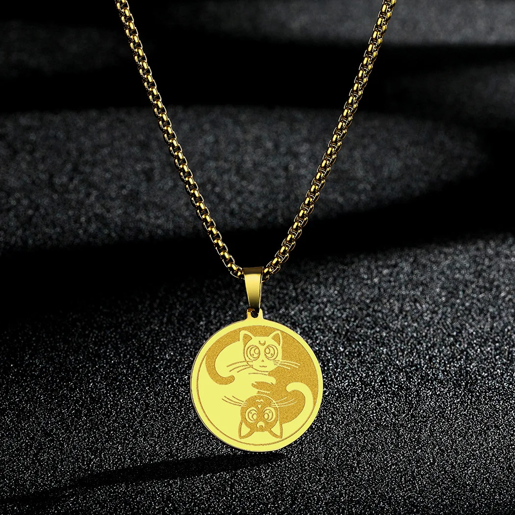 

2022 Creative Personality Cute Cartoon Cat Pattern Round Pendant Necklace Stainless Steel Chain Men's Simple Gift Jewelry, Like picture