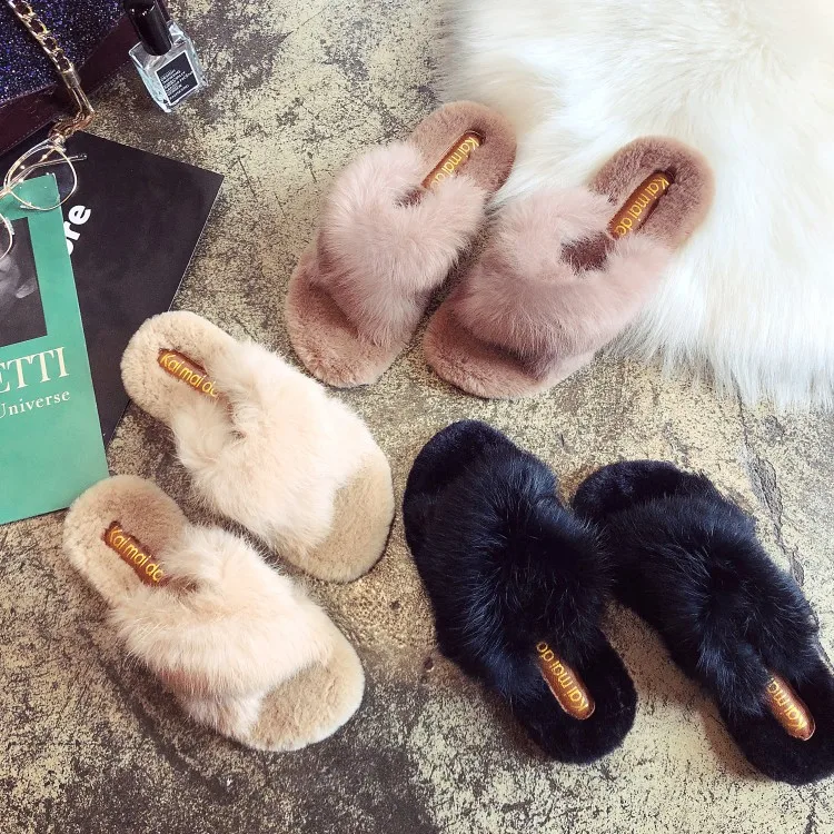

Wholesale korea style fashion Autumn winter soft rabbit fur slippers for women