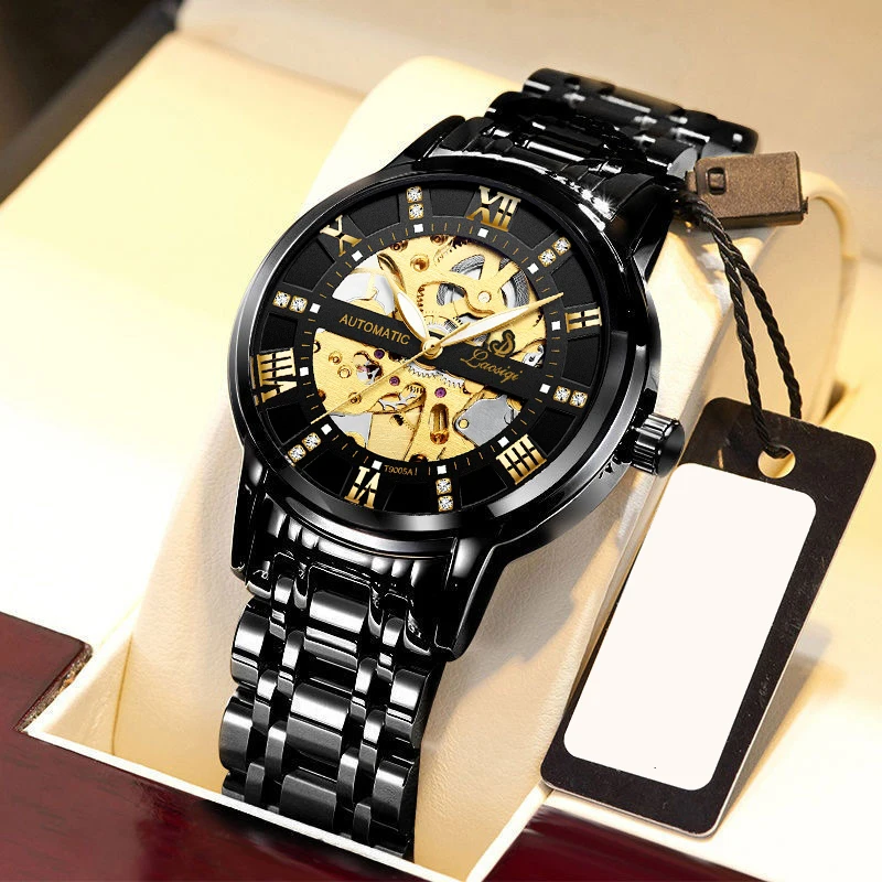 

LAOSIQI Designer Newly Launched Cool Black Gold Skeleton Luminous Waterproof Mechanical Watch in 2021