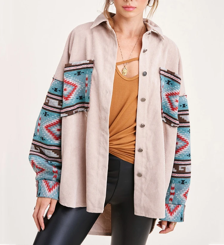 

Free Shipping Women Fashion Casual Button Pocket Western Aztec Color Block Corduroy Jacket Coat