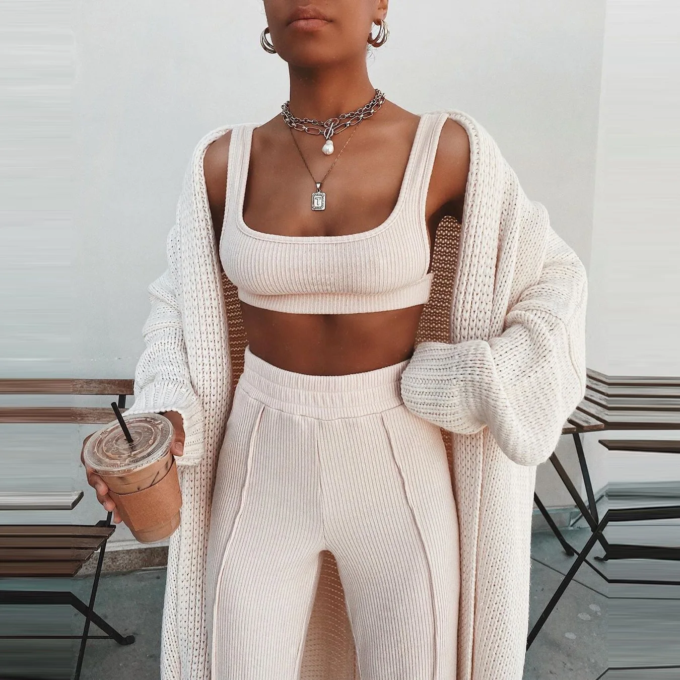 

KQ-200 Casual sleeveless bodycon knitted top two piece set women backless top trousers two piece set women clothing, As picture