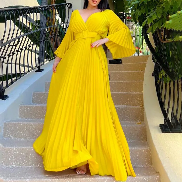 S-3XL Women Chiffon Pleated Dress High Waist Floor Length Long Sleeve Deep V Neck Elegant for Evening Party Night Long Dress