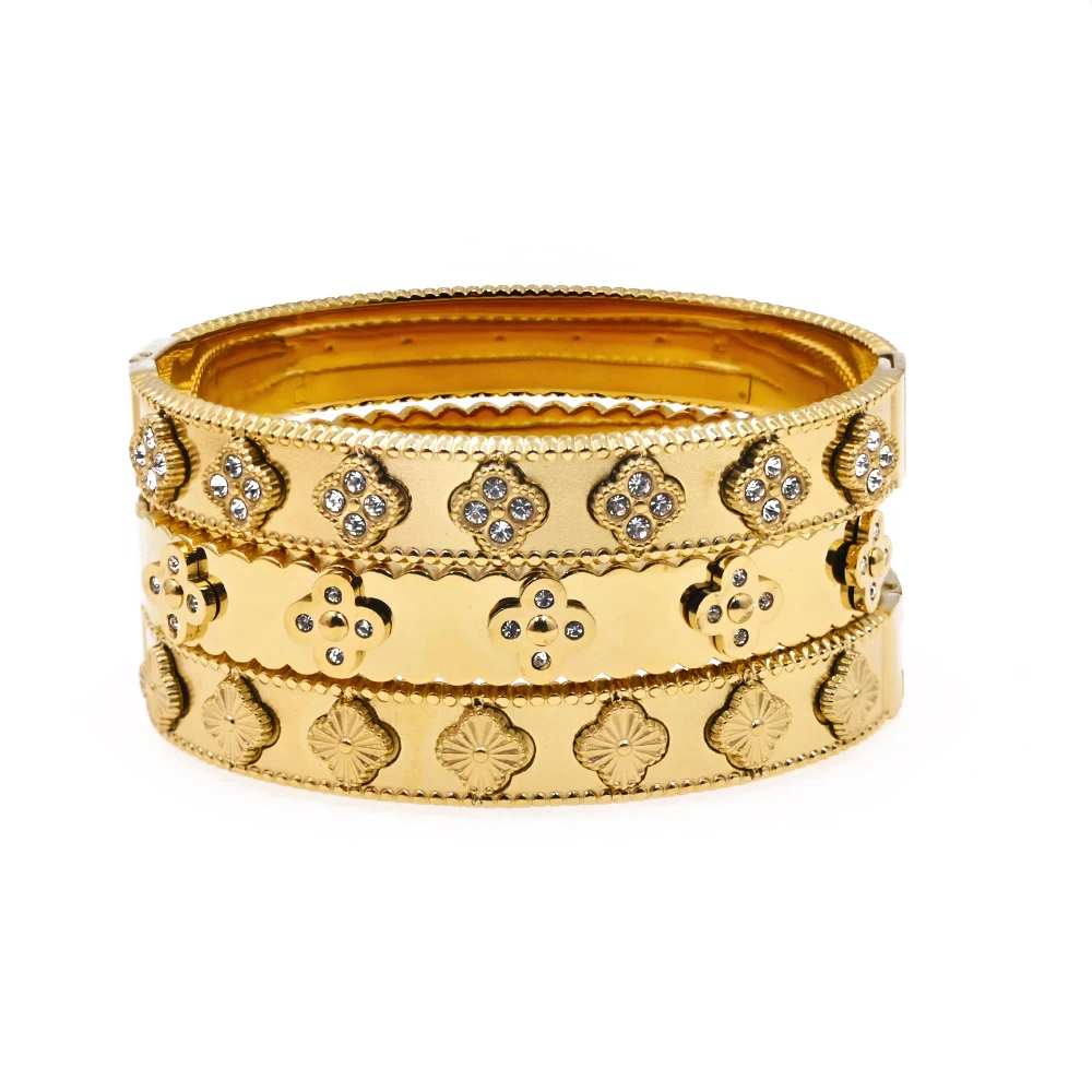 

Designer Gold Plated Stainless Steel Clover Zircon Cuff Bangles Bracelet Women Men Jewelry Bijoux En Acier Inoxydable