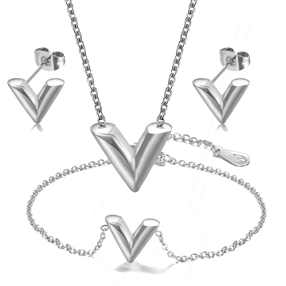 

Titanium steel V letter necklace earrings bracelet set stainless steel 3-piece fashion jewelry set