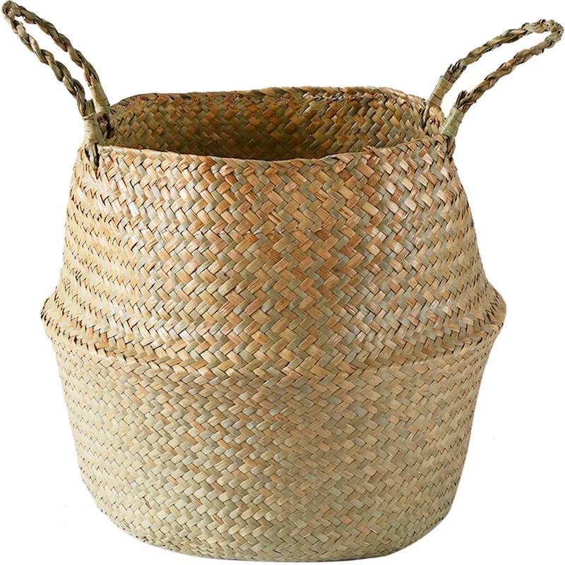 

Household Foldable Natural Seagrass Woven Storage Baskets Garden Flower Vase Hanging Basket With Handle Storage Bellied Basket