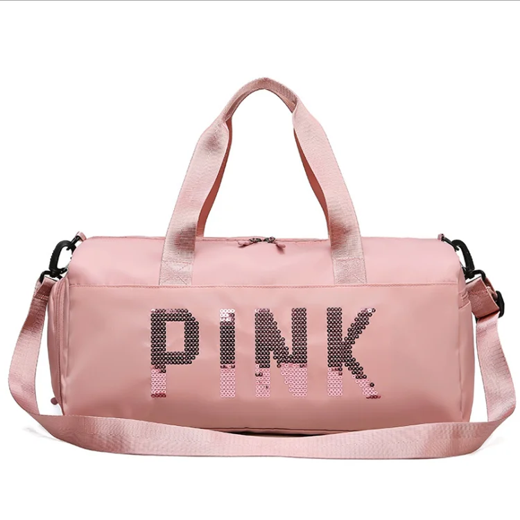 

New Luxury Women Fancy Sequined Fitness Gym Bag China Pink Water Resistant Sequin Nylon Letter Duffel Zipper Huge