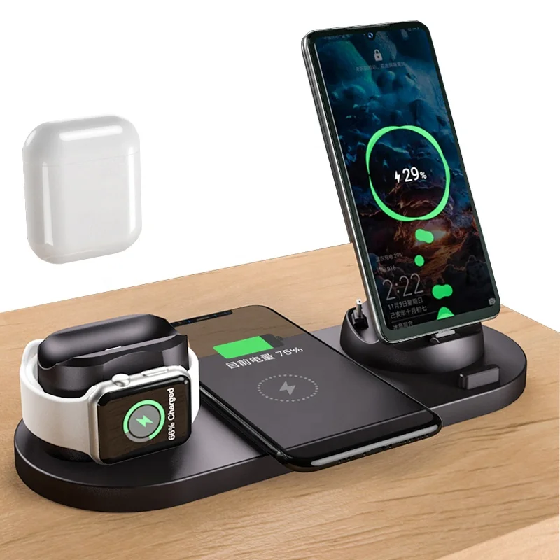 

New Design Mobile Phone Holder Stand 6 in 1 with rotatable charger dock wireless charger all in one, Black/white/pink