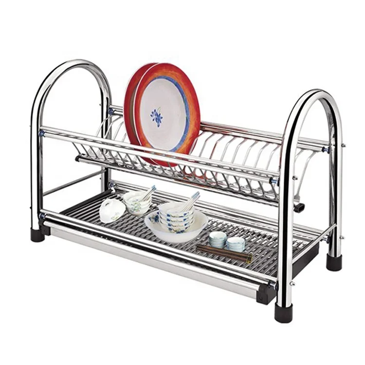 

Home kitchen organizer 2 tier stainless steel draining tray dish rack, Silver