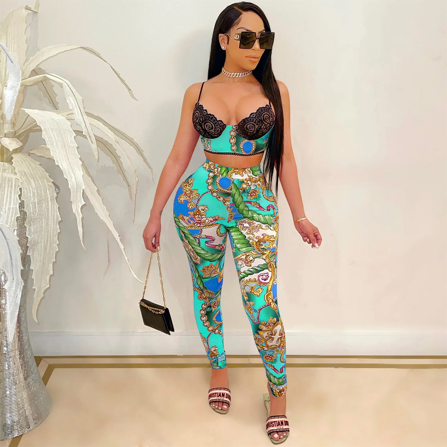 

FS3779A New fashion print two piece pants set wholesale women clothing
