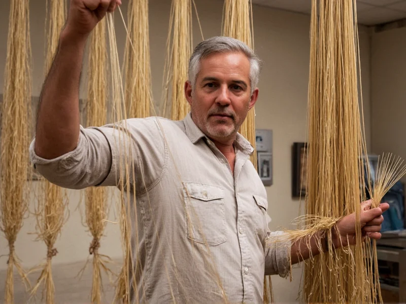 Craft farmer processing flax stalks into linen fiber