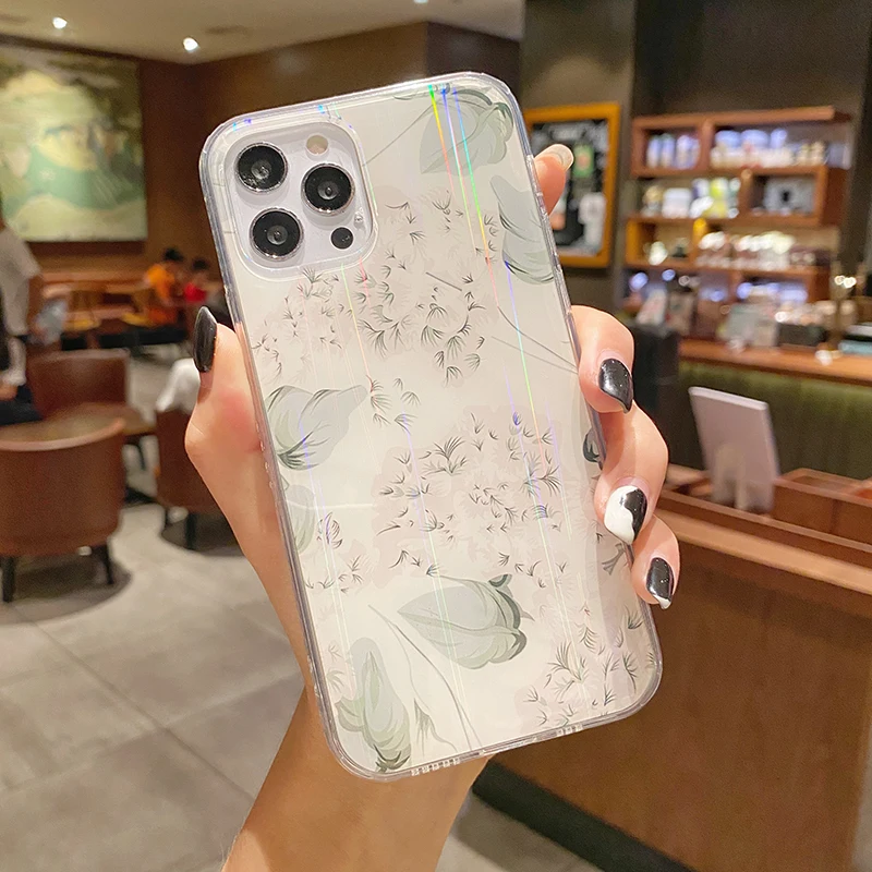 

iPhone12 Xs Max xr Plant Graffiti Transparent Phone Case for iPhone 13 Pro Max Electroplating Shiny IMD Flower Protective Case