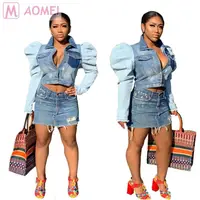 

L4029 good quality long puff sleeve contrast color denim jean Design 2020 Latest Woman Clothing Fashion coat