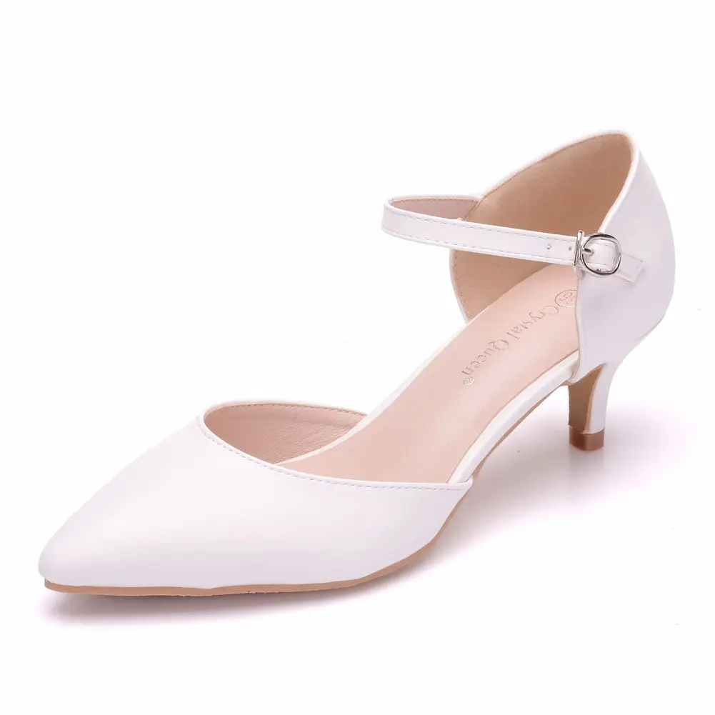 

5cm Small Thick Low Heel Pointed Toe White Sandals Mary Jane Sandals Wedding Shoes for Bride