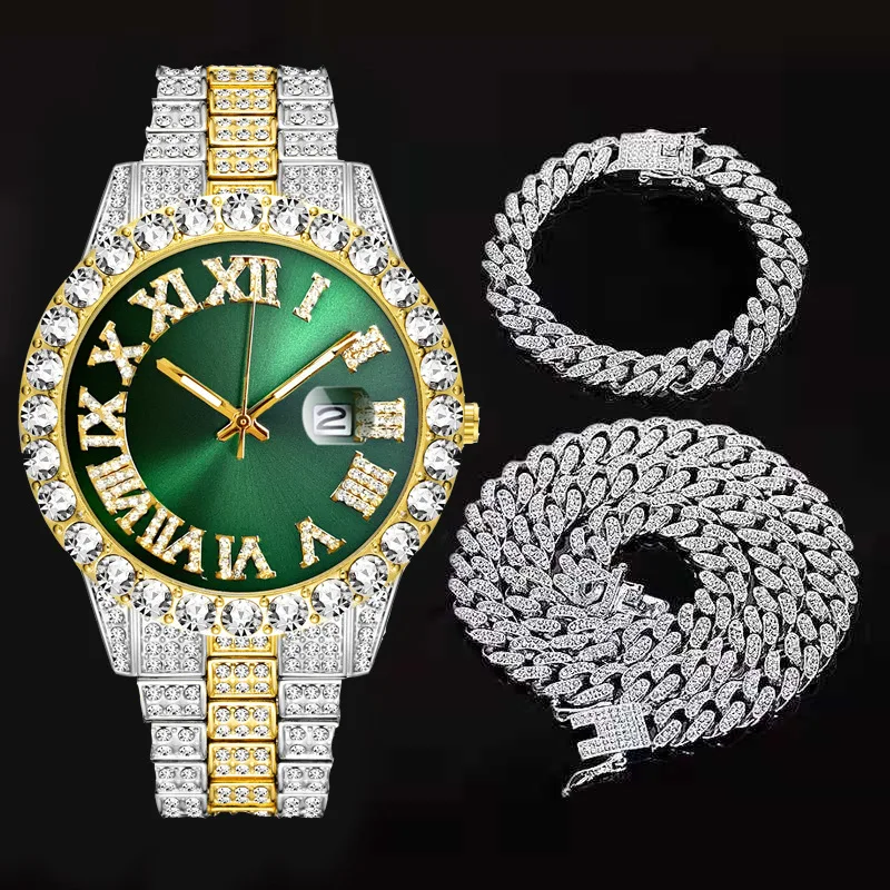 

3Pcs/Set Men's Hips Hops Gold Plated Zircon Diamond Watch Set Bling Bling Rhinestone Chain Necklace Bracelet Watch DMW003