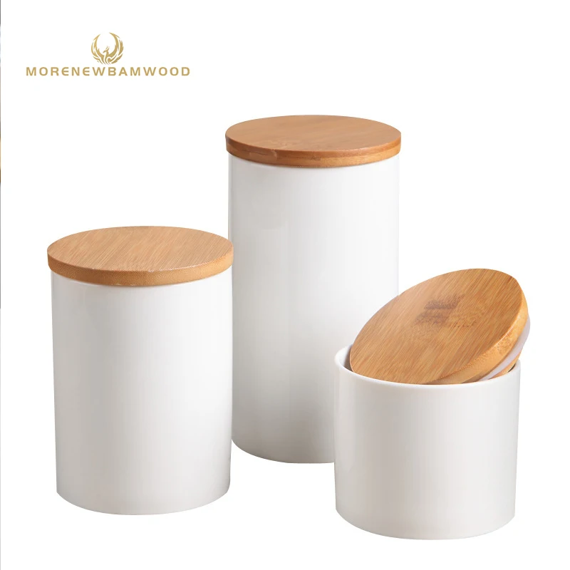 

Factory outlet white ceramic food storage containers with bamboo cover
