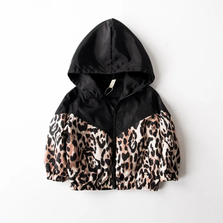 

Spring Autumn Kid Girl Bomber Jacket Children Girl Leopard Black Patchwork Hooded Jacket Fashion Top Clothes for 2-7T