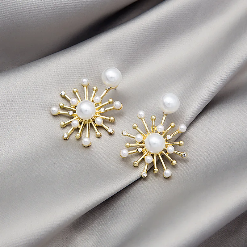 

European and American fashion 925 silver needle firework pearl diamond chandelier earrings, As pictures