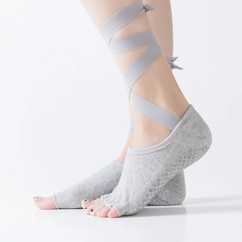 

JULY'S SONG Women Grip Yoga Socks With Long Lace Anti-slip Half Toe Socks for Ballet Pilates Cotton Toeless Socks for Dance, Black, skin, red, dark purple, light grey