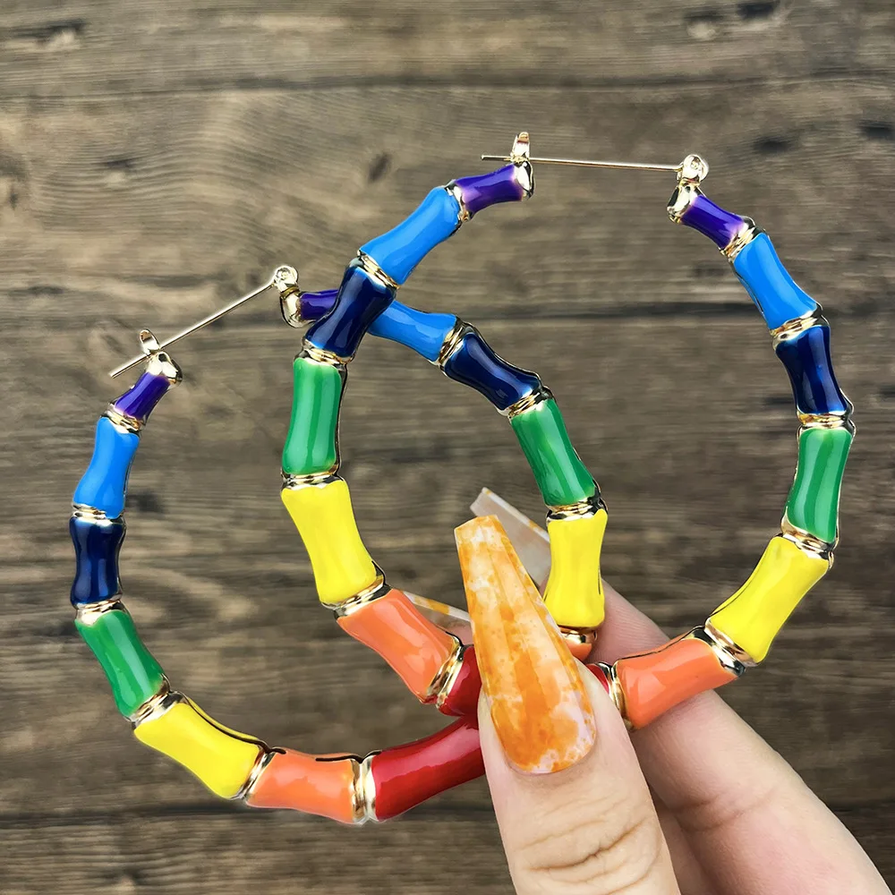 

New arrival gold plated colorful enamel bamboo Geometric hoop earrings for women