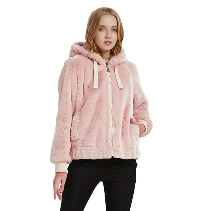 

Women's Faux Fur Jacket with 2 Side-Seam Pockets, The Coat with Hood