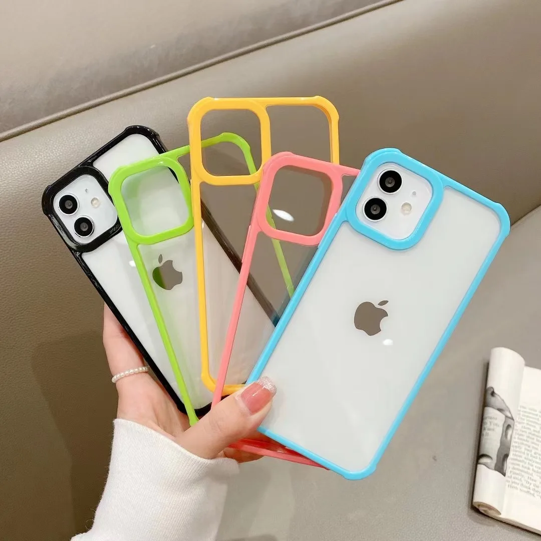 

Four Corners Shockproof Bumper Transparent Acrylic Phone Case For iPhone 12 11 Pro Max X XR XS 13 Pro Soft TPU Frame Clear Back, 5 colors