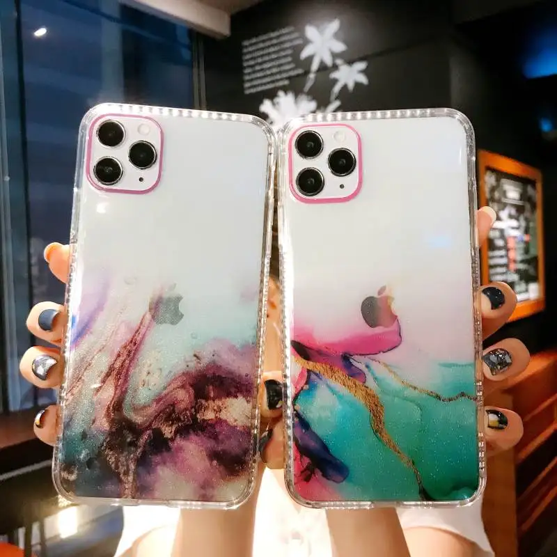 

Plating Soft Glitter Phone Case For iPhone 11Pro 12 Mini X XR XS Max 8 7 Plus SE2020 Watercolor Painting Bling Clear Back Cover