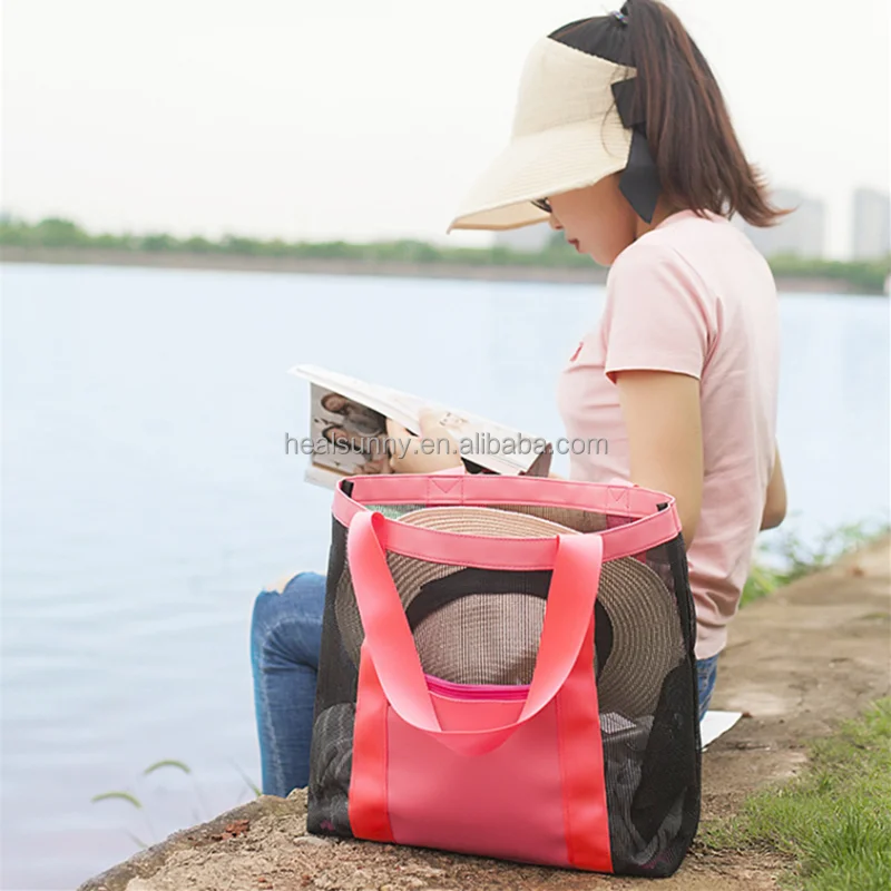 

Large Custom Logo Tote Foldable Mesh Beach Bag, Blue, rose red, pink or customized