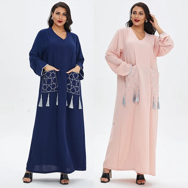 

Middle East Muslim Women New Embroidered Tassel Abaya Dress Robe With Pockets