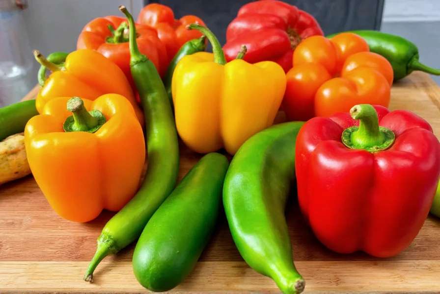 Colorful assortment of bell peppers, jalapeños, and habaneros arranged on wooden cutting board