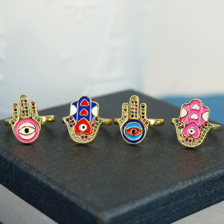 

Popular Chic Rainbow Enameled Hamsa Hand CZ Micro Pave Finger Rings for women