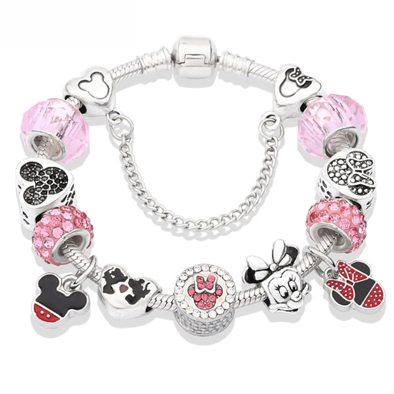 

Cute Pink Mickey Minnie Bracelet DIY Peach Heart Cartoon Ancient Silver Bracelet Ladies and Children's Gifts