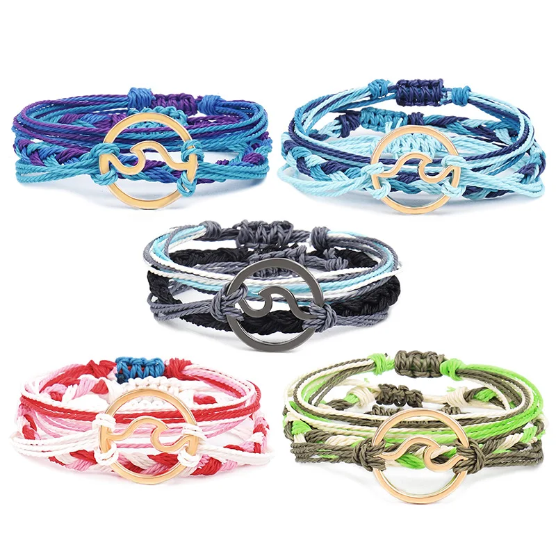 

Women Boho Beach Multi-color Handmade 3Pcs/set Wave Charms Bracelet Gold Plated Geometric Wax Line Wave Bracelet Set For Women