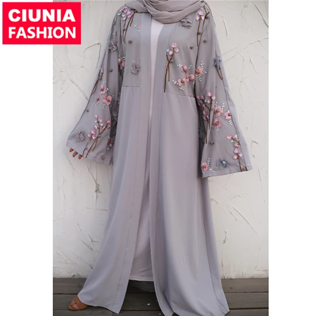 

1632# Muslim Women Open Abaya Dress Belt Islam Maxi Dress For Ladies Dubai Abaya, Black/pink/grey